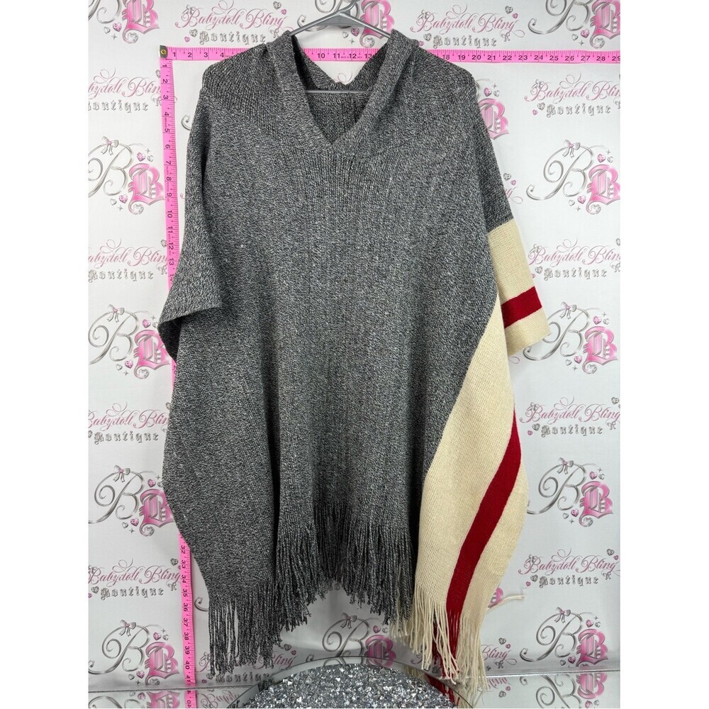 Poncho shawl sweater Gray Fringe Poncho Sweater with Cream & Red Accent -